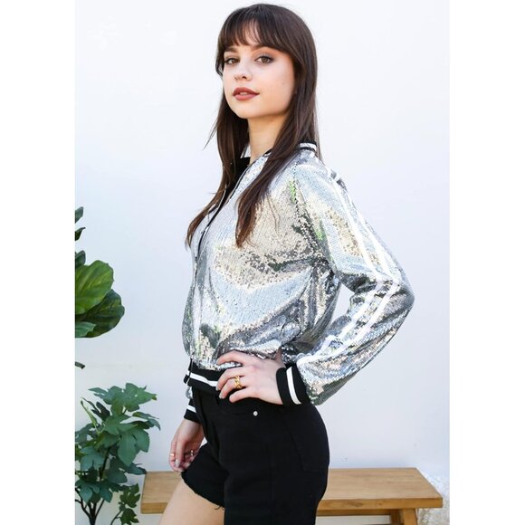 Brand New Women Gray Polyester ANNA-KACI Sequin Bomber Jacket Long Sleeve - Picture 3 of 7